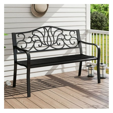 Outdoor Garden Bench 50 Inch, Metal Patio Bench with Floral Backrest, Slatted Seat for 2-3 People, Heavy Duty 660lbs Capacity, Backyard Deck Porch Furniture Black