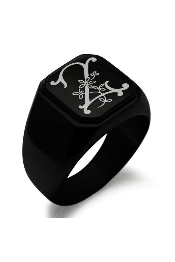 Stainless Steel Letter Z Initial Floral Monogram Engraved Engraved Square Flat Top Biker Style Polished Signet Ring