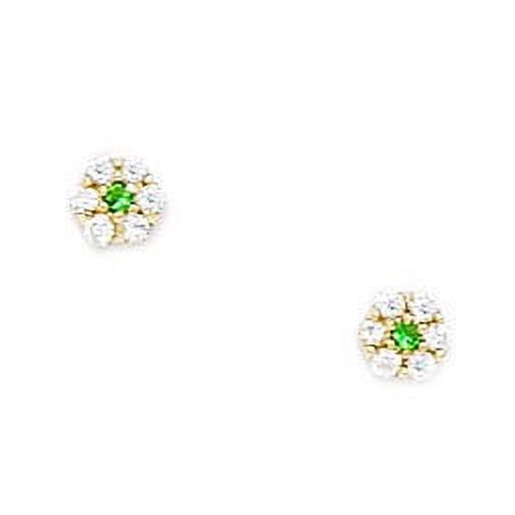 14k Yellow Gold May Green Cubic Zirconia Small Flower Screwback Earrings - Measures 4x4mm