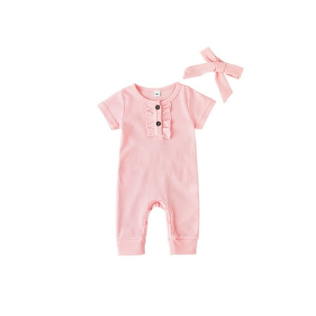 

Canrulo Newborn Baby Girls Casual Short Sleeve Jumpsuit Overalls Solid Color Buttons Ruffle Romper with Headband Set Apricot 3-6 Months