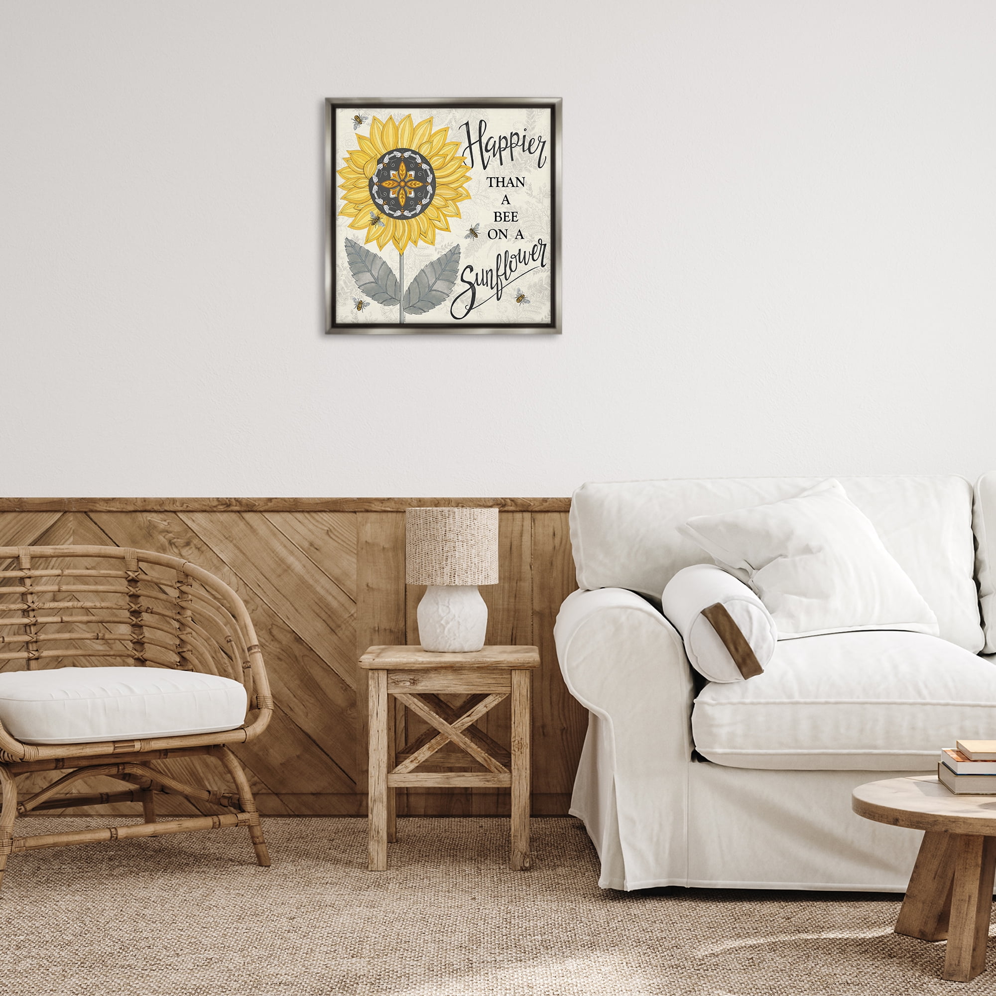 Stupell Industries Happier Than Bee & Sunflower Plants & Flowers Painting Gray Floater Framed Canvas Art Print Wall Art, 25 x 25