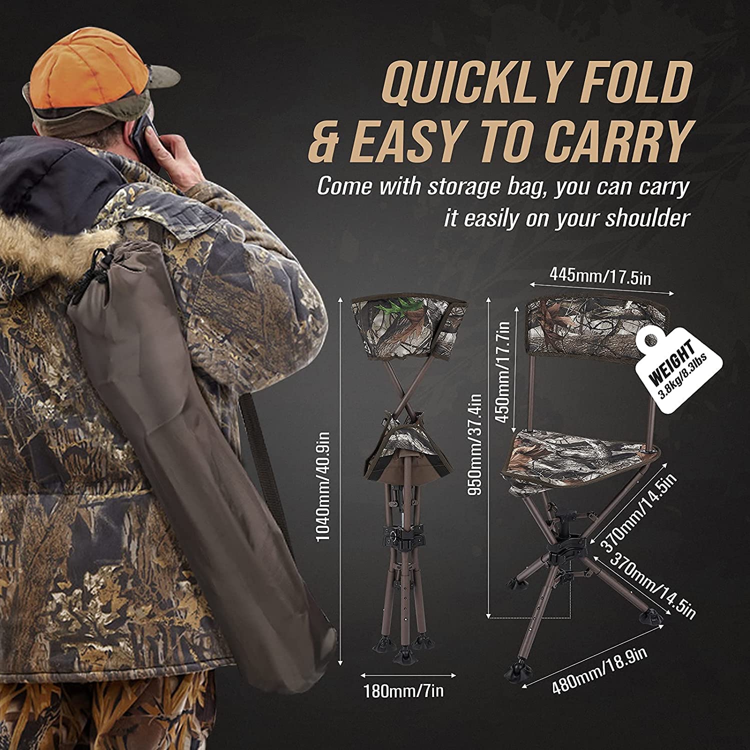 KEMIMOTO 360° Camo Tripod Swivel Hunting Chair w/ Backrest Blind Chair Height Adjustable Fishing Camping Stool Chair for Outdoor