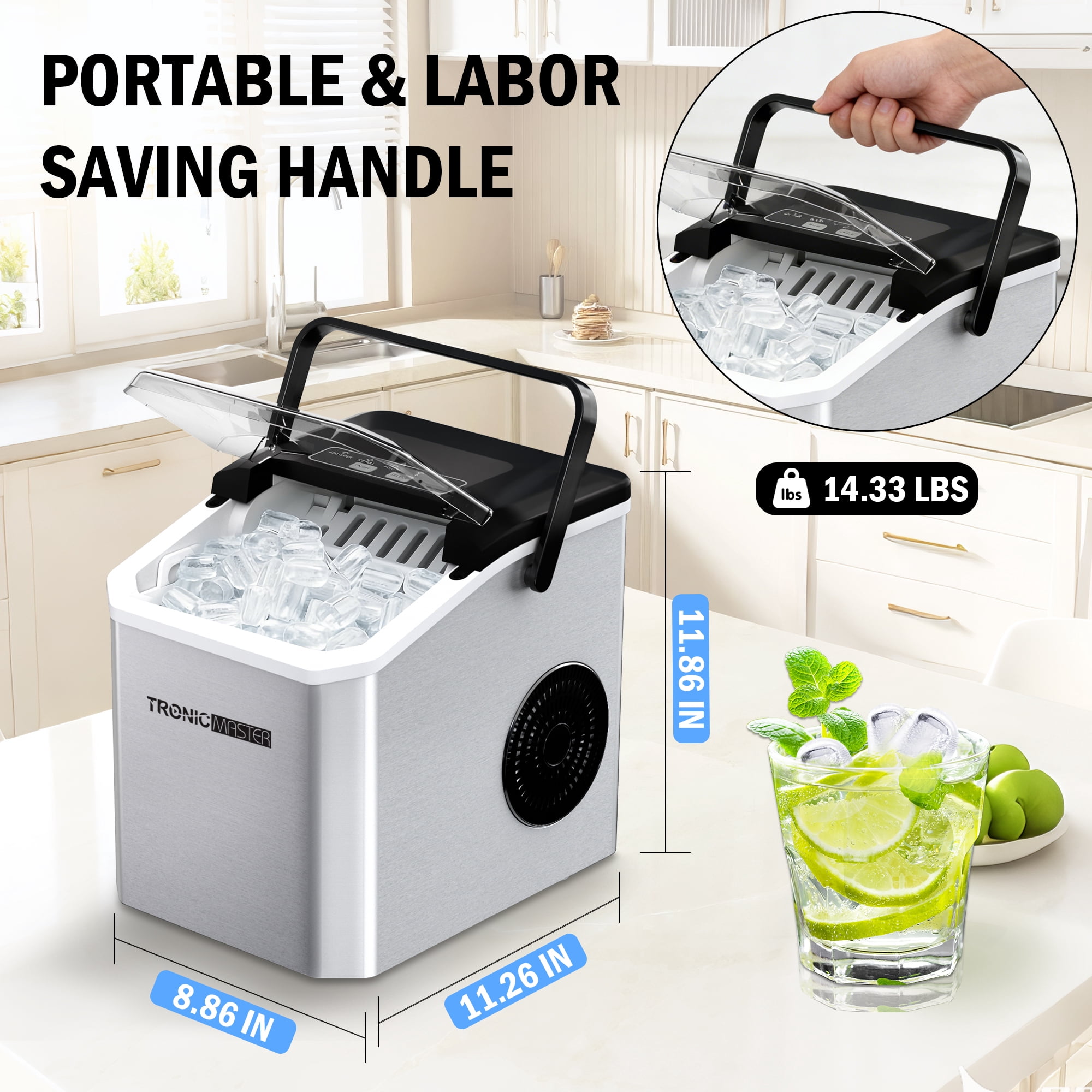 Countertop Ice Maker Machine, 26lbs/24H Portable Ice Maker with Self-Cleaning, 9 Bullet Ice Cubes Ready in 6 Mins, Quiet Ice Machine with Handle, Basket and Scoop for Home, Kitchen, RV
