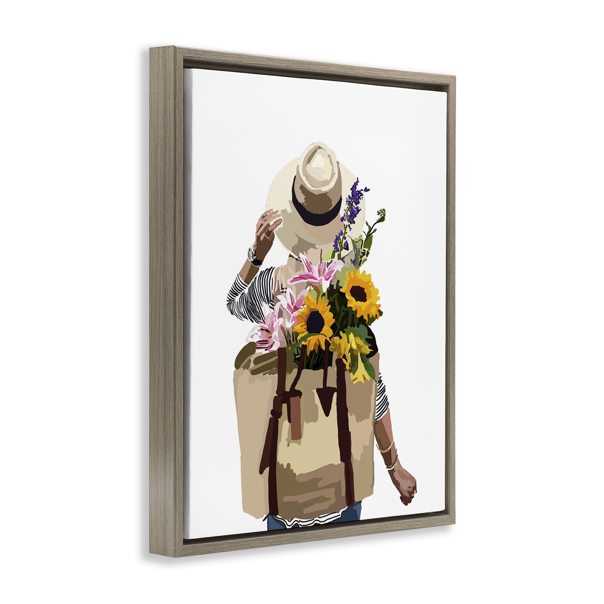 Stupell Industries Woman Carrying Floral Backpack Botanical & Floral Painting Brown Floater Framed Canvas Art Print Wall Art, 17 x 21