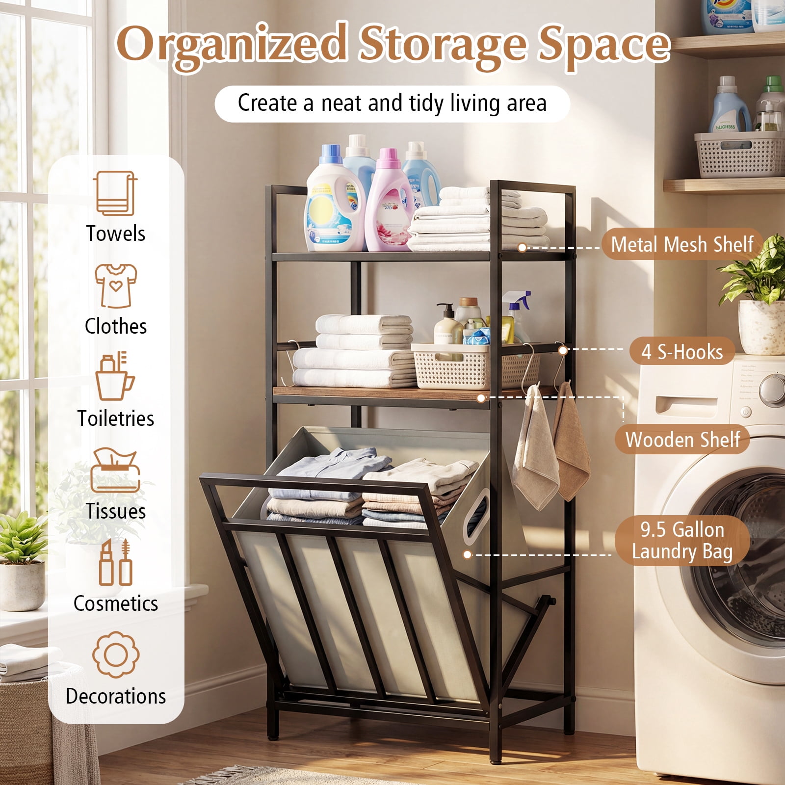 Gymax 2-Tier Laundry Hamper w/Tilt-out BasketLaundry Sorter w/4 Hooks & Removable Bag
