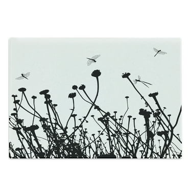 Black and White Cutting Board, Meadow Flowers and Dragonfly Silhouettes Spring Nature Illustration, Decorative Tempered Glass Cutting and Serving Board, Large Size, Black and White, by Ambesonne