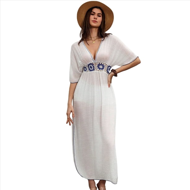 Vestido Floral Bordado para Mujer, , Corte Holgado, Escote en V L