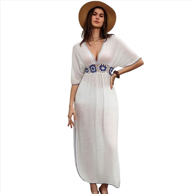 Vestido Floral Bordado para Mujer, , Corte Holgado, Escote en V L