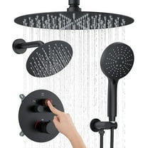 KOJOX Matte Black Thermostatic Shower System, Push Button Diverter Shower Faucet Set with 12" Ceiling Mount Rain Shower, 6" Wall Mount Shower Head, and 4-in-1 Handheld Spray