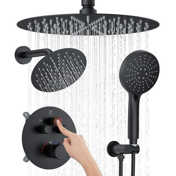 KOJOX Matte Black Thermostatic Shower System, Push Button Diverter Shower Faucet Set with 12" Ceiling Mount Rain Shower, 6" Wall Mount Shower Head, and 4-in-1 Handheld Spray