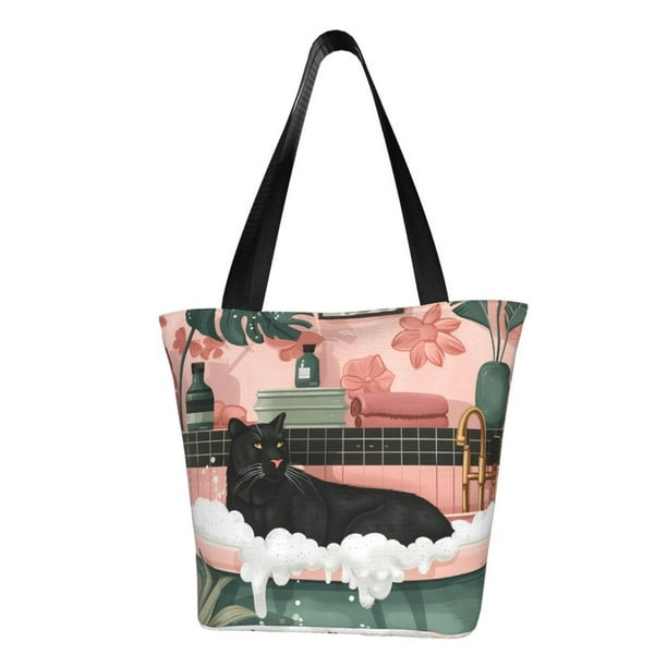 Balery Black Cat Pink Bathroom Bolsa de Hombro con Diseño, Bolsa Grande y Duradera, Bolsa Versátil para Compras