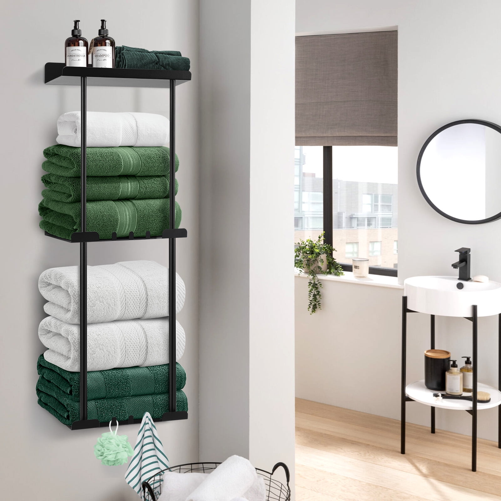 Livhil Towel Racks for Bathroom, Vertical Wall Towel Rack for Rolled Towels Metal Bath Towel Holder for Folded Large Towel Washcloths, 3 Tier