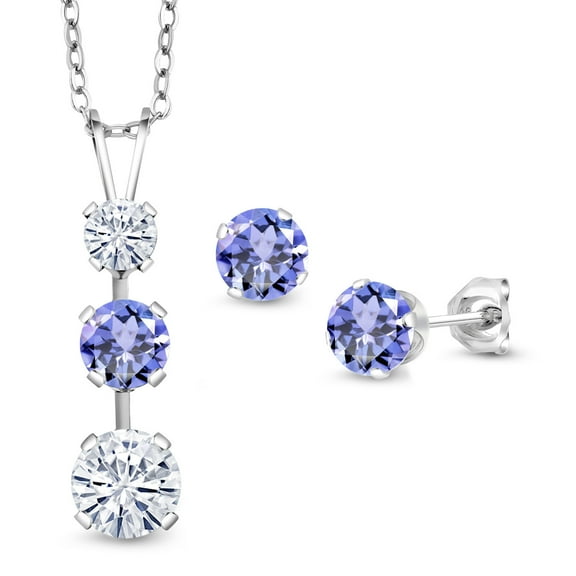 Gem Stone King 925 Sterling Silver White Moissanite and Blue Tanzanite Pendant and Earrings Jewelry Set for Women (2.41 Cttw, Gemstone Birthstone, with 18 inch Chain)