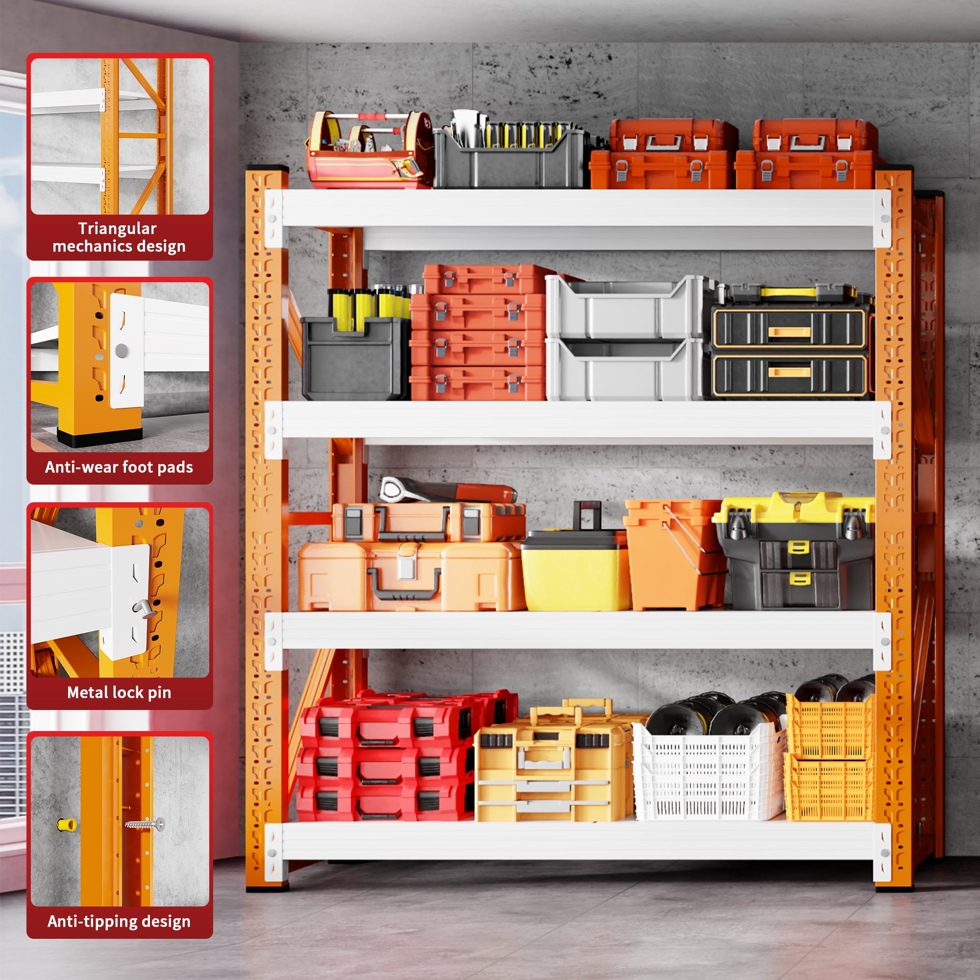 48" W Garage Shelving 3000LBS Garage Shelving Heavy Duty 4-Tier Metal Storage Shelves Adjustable Shelf Unit Storage Rack for Basement Supermarket Warehouse 48" W x 20" D x 78" H Orange-White