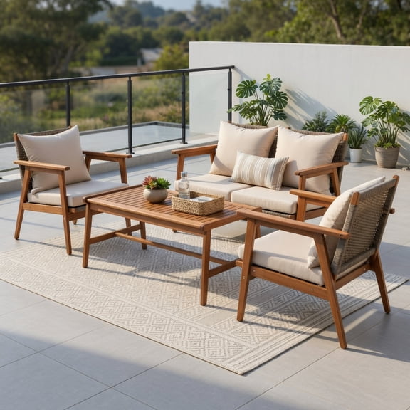 Topcobe 4 Pieces Patio Wicker Rattan Furniture Set for Lawn Backyard, Acacia Wood Patio Outdoor Patio Furniture, Brown