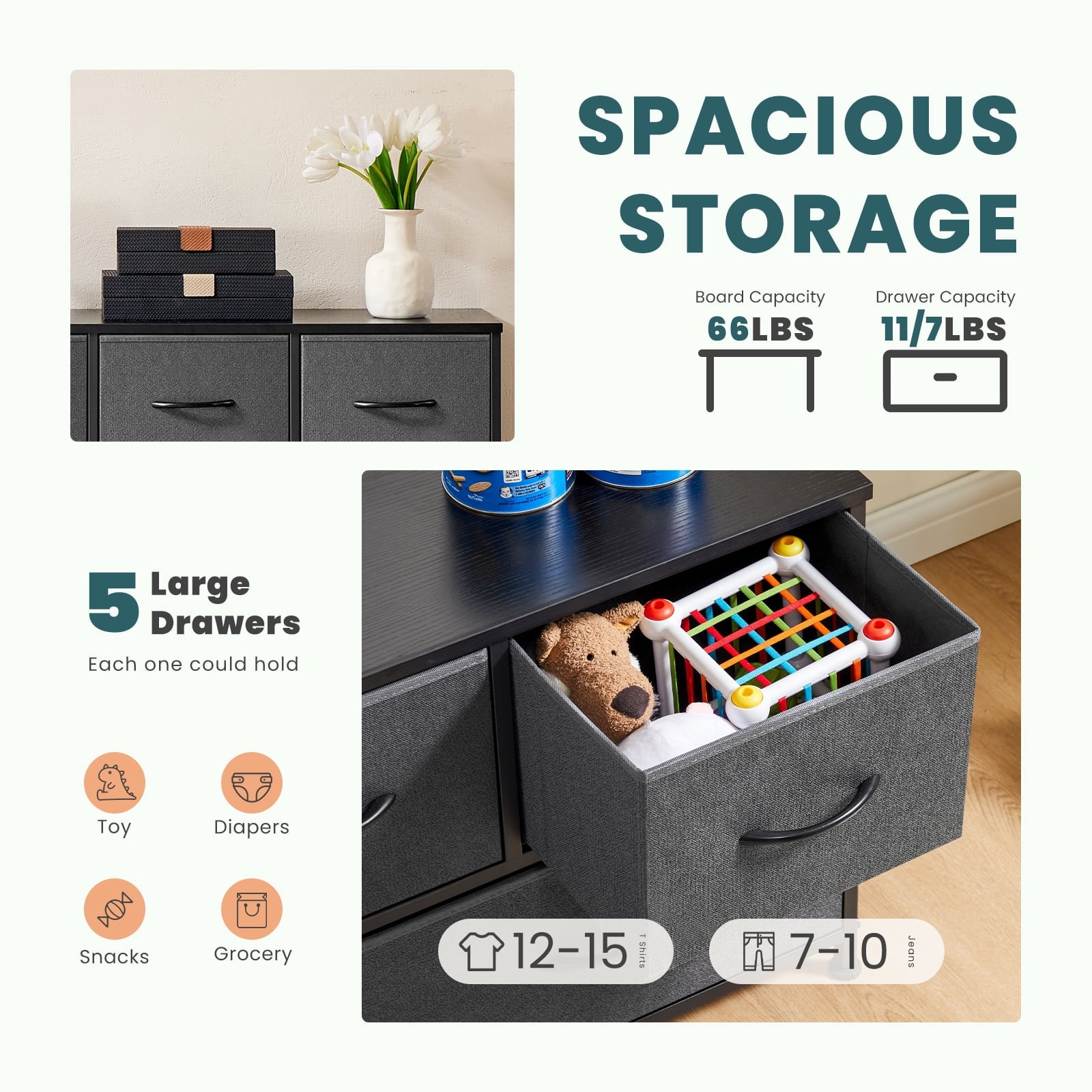 JIOABL 5 Drawer Chest Organizer with Fabric Bins, Dresser for Bedroom, Tall Steel Frame, Grey