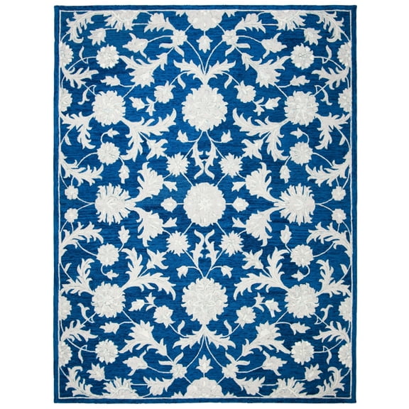 SAFAVIEH Micro-Loop Carl Floral Overdyed Wool Area Rug, Navy/Grey, 5' x 5' Square