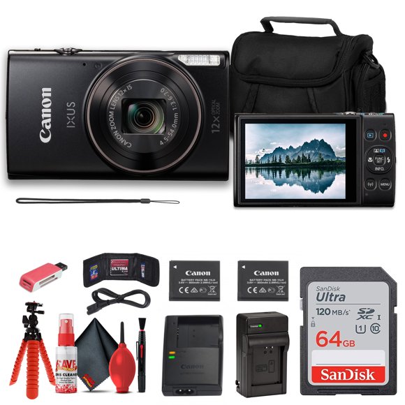 Canon PowerShot IXUS 285 HS Digital Camera (Black) + 12X Zoom Lens + 64GB Memory Card + Charger & Accessories(International Model)