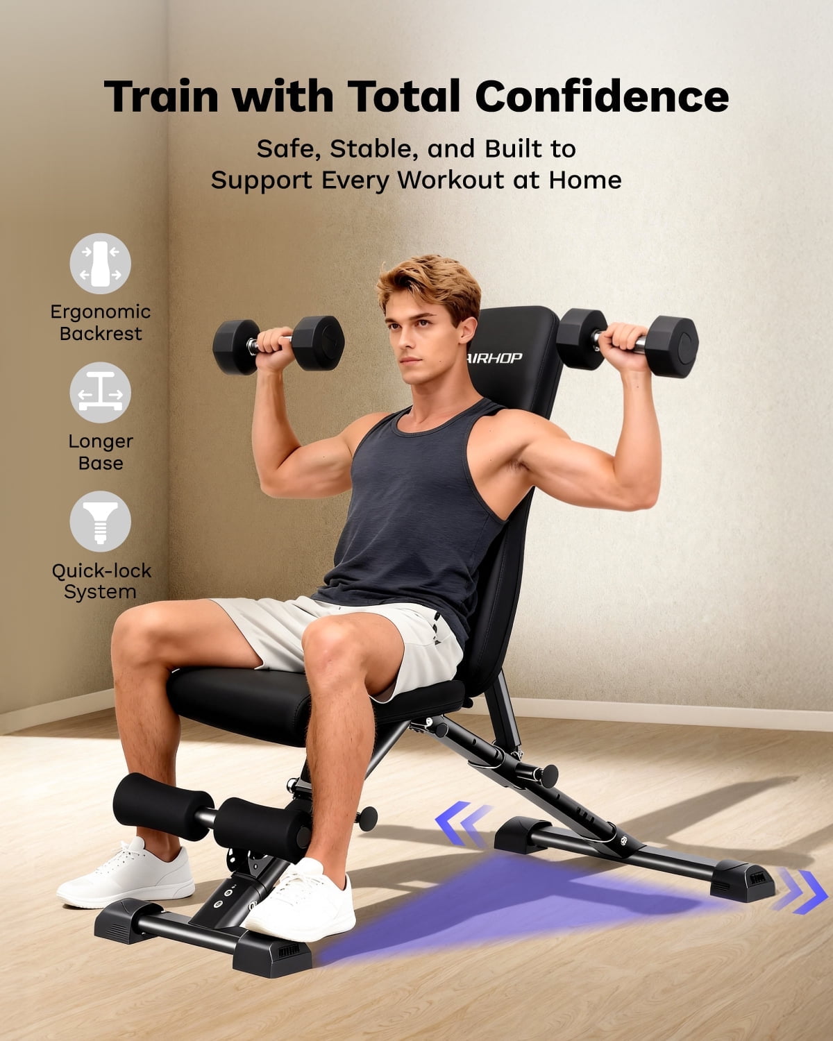 AIRHOP Adjustable Weight Bench, Bench Press Full Body Workout, Quick Fold Space Saving, Home Gym Strength Training
