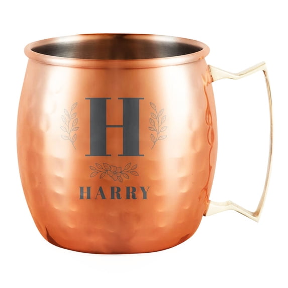 PERSONALIZED Monogram Letter Name Custom Engraved Moscow Mule Mug With Sturdy Handle and Round Rolled Rim, Classic Hammered Copper Finish 18oz, Bold Leaf