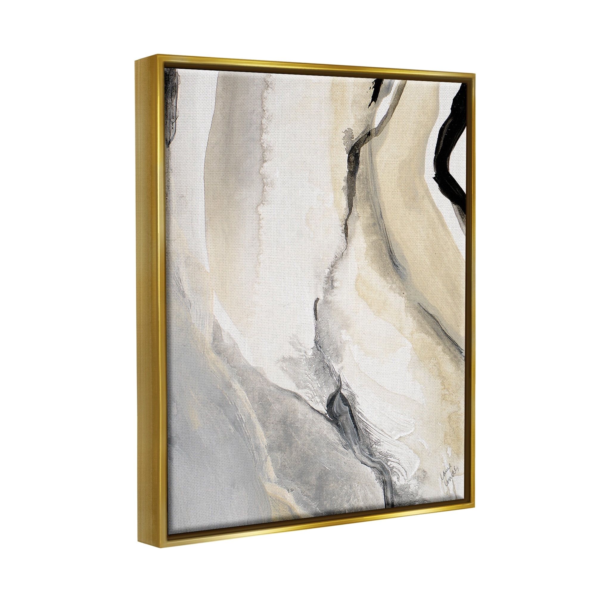 Stupell Industries Abstract Paint Strokes Fluid Beige Movement Metallic Gold Framed Floating Canvas Wall Art, 24x30, by Lanie Loreth