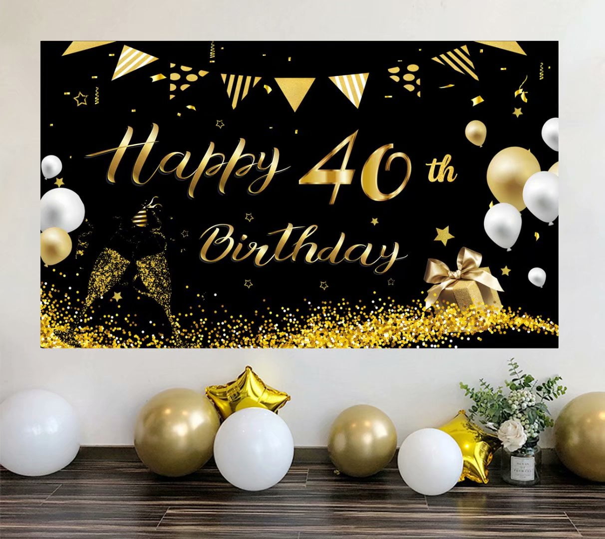 40th Birthday Phoetya 40th Birthday Background,Happy Birthday Backdrop Banner,Extra Large Fabric Black Gold Sign Poster,40th Birthday Party Supplies,47 x 31 Inch 