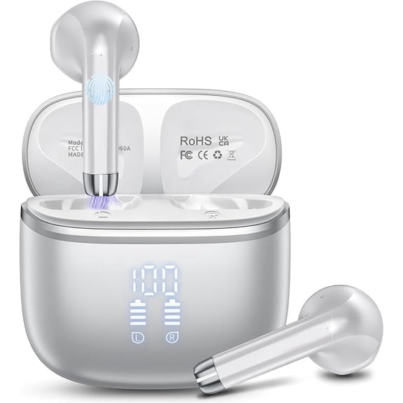 Wireless Bluetooth Earbuds Noise Cancelling in Ear Buds Deep Bass Stereo, 50H Playtime with Mics, LED Display, IPX7 Waterproof Earphones for iphone Android Laptop, Silver