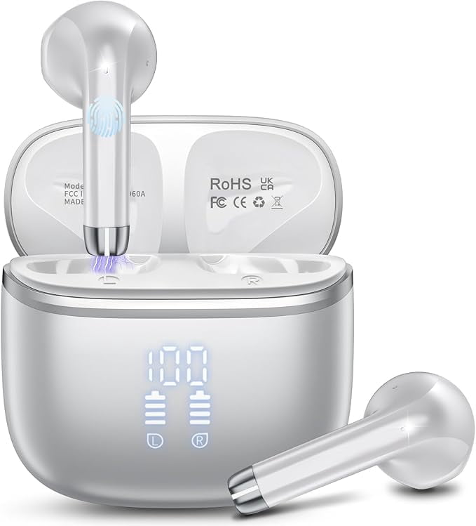 Wireless Bluetooth Earbuds Noise Cancelling in Ear Buds Deep Bass Stereo, 50H Playtime with Mics, LED Display, IPX7 Waterproof Earphones for iphone Android Laptop, Silver