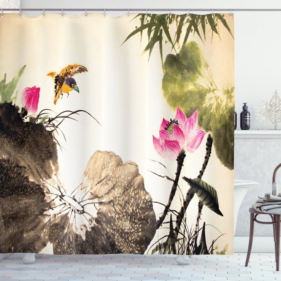 Ambesonne Art Shower Curtain, Bird Jumping into Lotus, 69"Wx84"L, Cream Taupe Hot Pink
