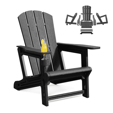 PolarcoForgeco Plastic Folding Adirondack Chair with Cup Holder, HDPE All-Weather Patio Chairs for Poolside, Backyard, Deck, Fire Pit, 400 LBS Capacity, Black