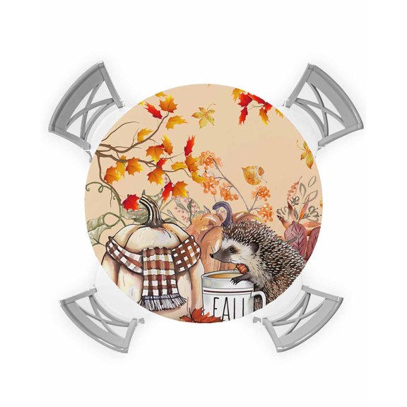 nqOlkjepod Fall Pumpkin Hedgehog Round Tablecloth, Fitted Table Cover with Elastic for 45"-54" Round Tables, Thanksgiving Maple Leaf Orange Table Cloth Outdoor Dinning Party Waterproof Tablecloths