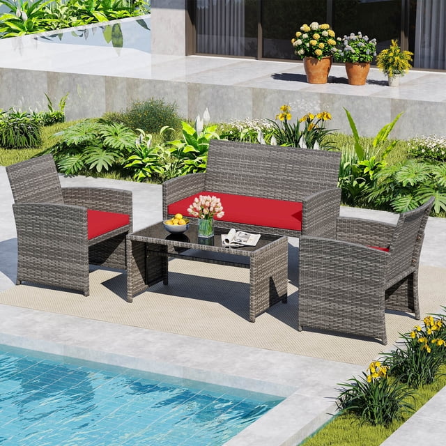 Costway 4 PCS Patio Conversation Set with Seat Cushions & Tempered Glass Tabletop, Outdoor Red
