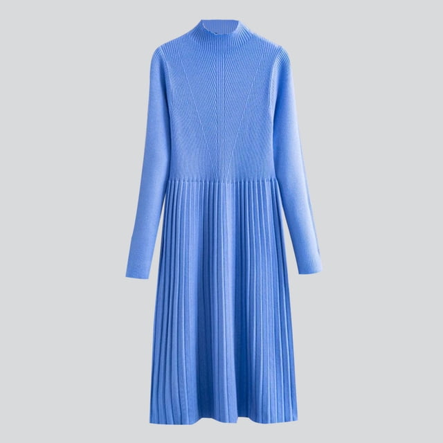 Tendances Automne 2023 Robe Pull Tricotée pour Femmes Couleur Unie Demi-Col Roulé Épaissie Mi-Longue Taille Bleue Taille Unique