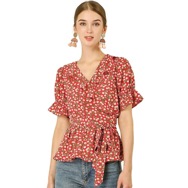 INSPIRE CHIC Blusa cruzada con cuello en V y volantes de frutas de cereza dulce para mujer rojo M