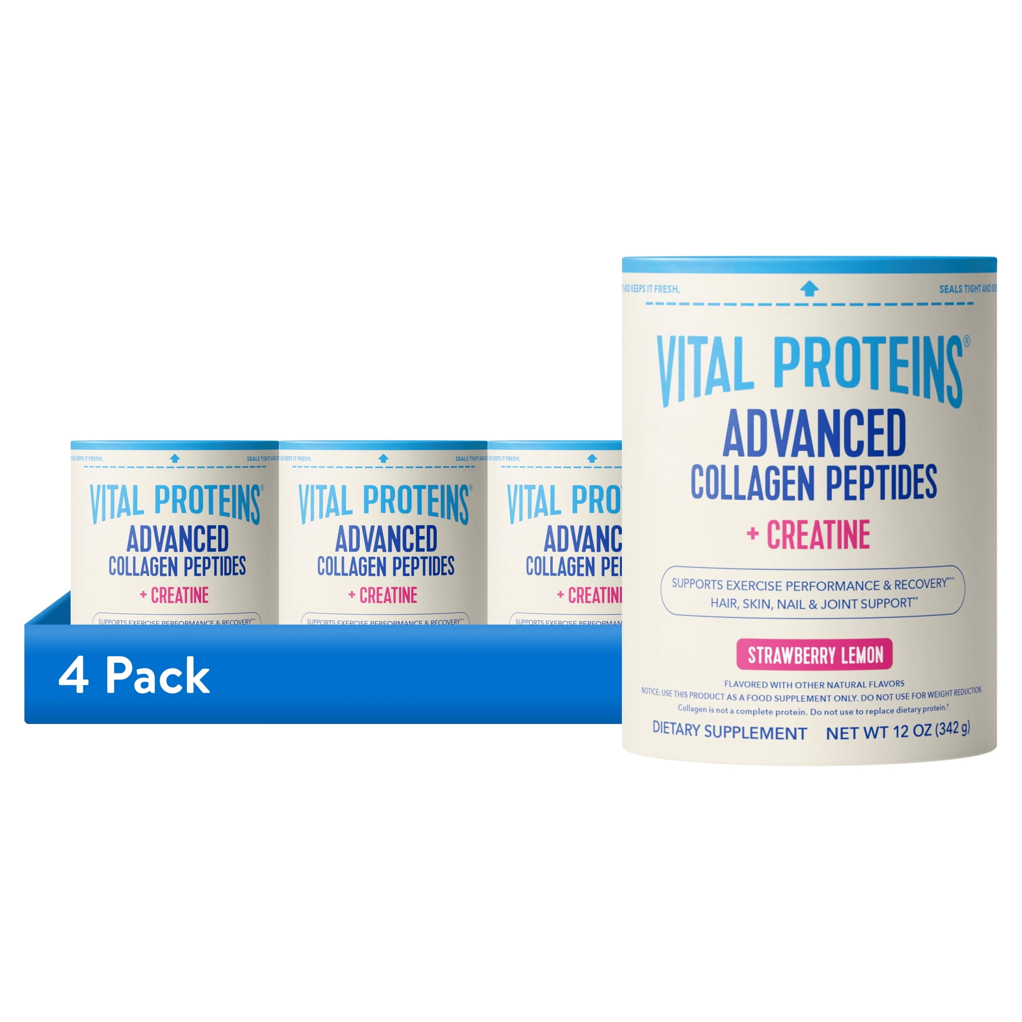 (4 pack) Vital Proteins Advanced Collagen Peptides Plus Creatine Monohydrate Powder, Supports Exercise Performance & Recovery, Strawberry Lemon, 12 oz