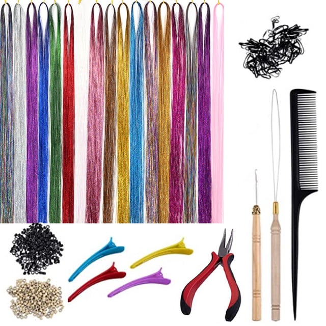 Extensiones de cabello de seda dorada, conjunto de peluca brillante colorida, pinzas de crochet, hebilla de silicona
