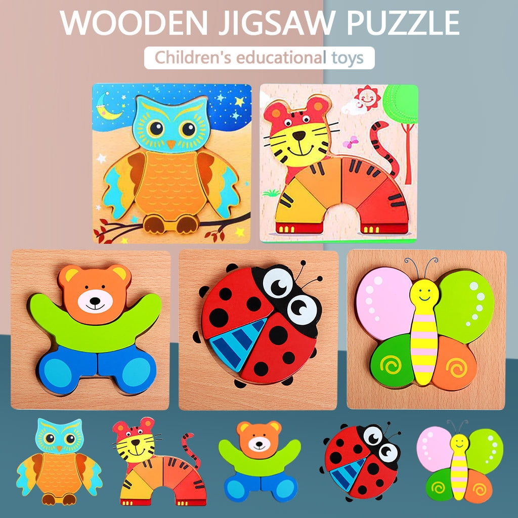 Wooden Puzzles for Toddlers Set of 6 Brain Building Peg Puzzles for Boys and Girls Ages 1 2 3 with Drawstring Storage Bag Best Educational Playset in Animal Pattern Shapes with Vibrant Colors 