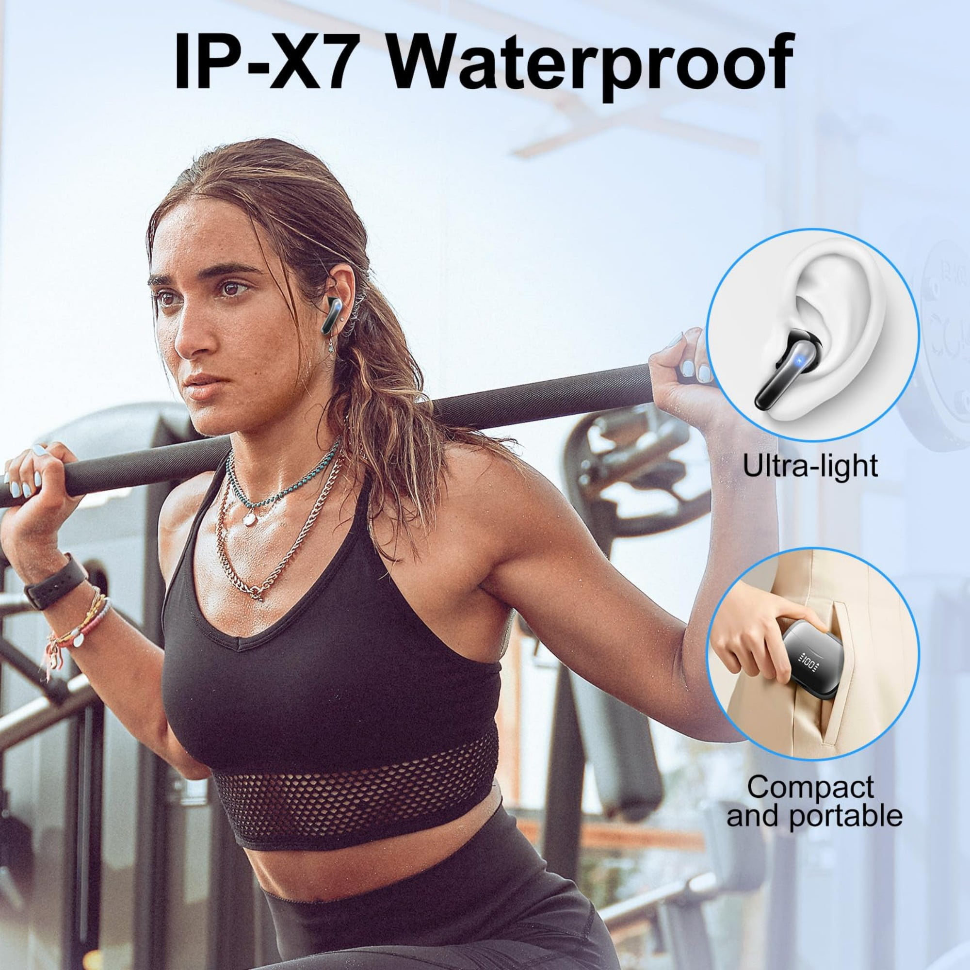 WeurGhy Earbuds Wireless Bluetooth Noise Cancelling for iPhone Android Sports Workout, 56H Playtime Waterproof LED Display in Ear Headphones, Gradient Black