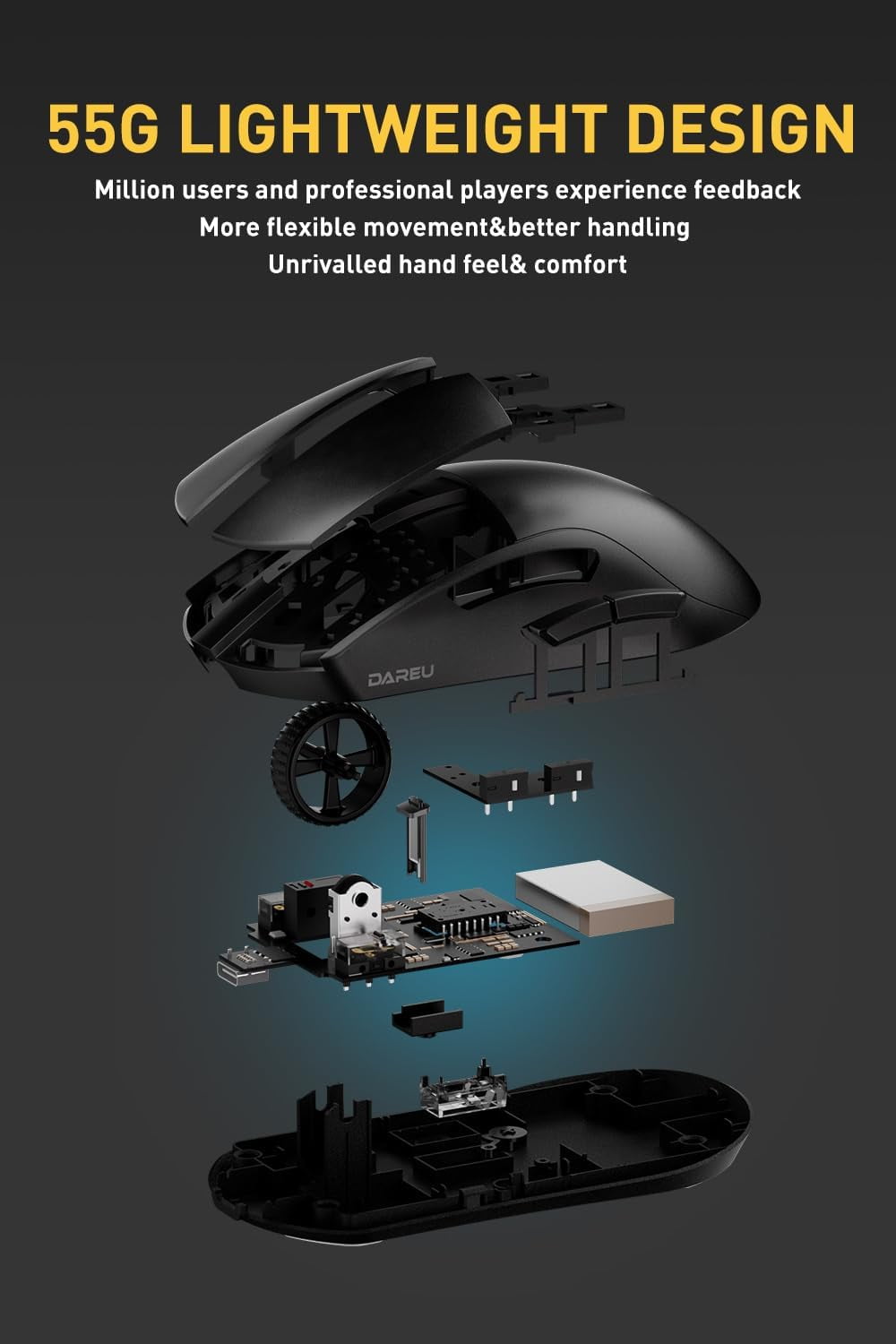 DAREU A950pro 4K Wireless Gaming Mouse:55g Ultra-Lightweight,4KHz Polling Rate,PAW3395 Optical Sensor,26K DPI,6 Programmable Buttons,Support 15min Fast Charging &Tri-mode Connection (Black)