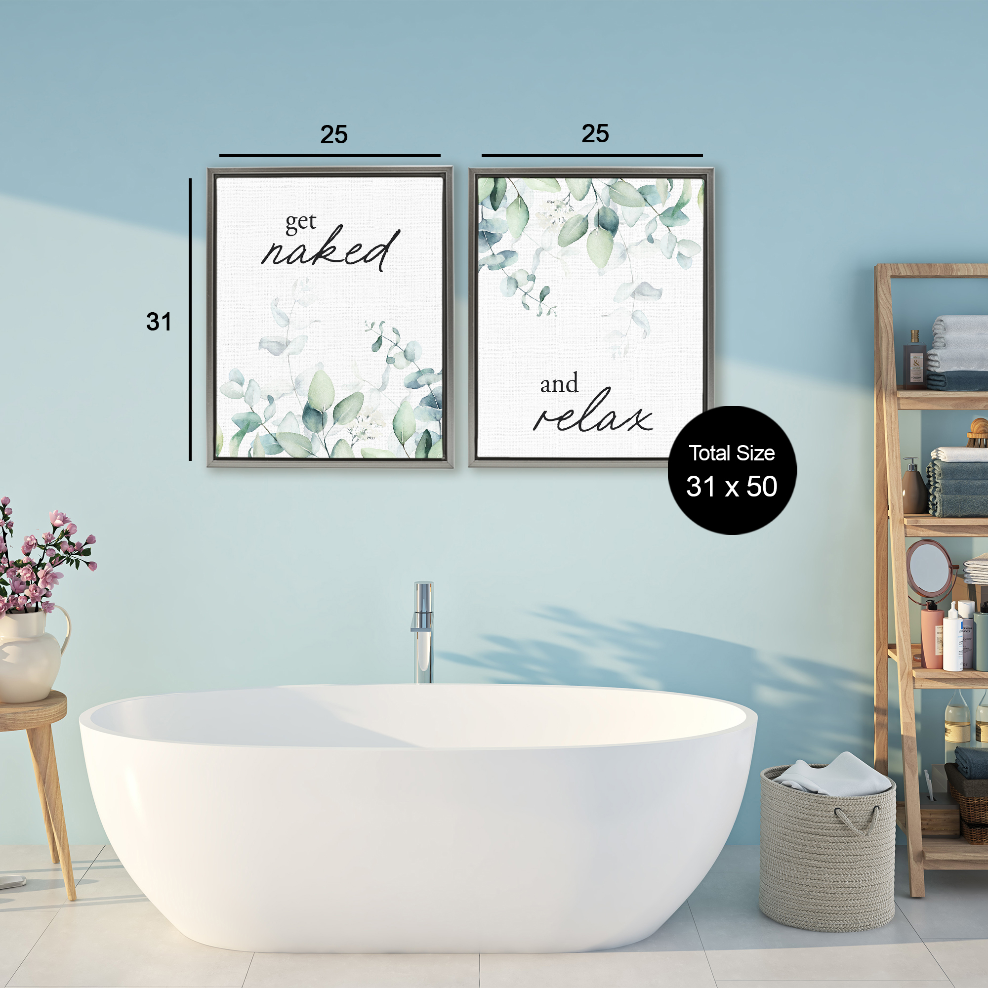 Get Naked & Relax Herbs 2 Piece Gray Framed Floater Canvas Set, design by Lettered and Lined