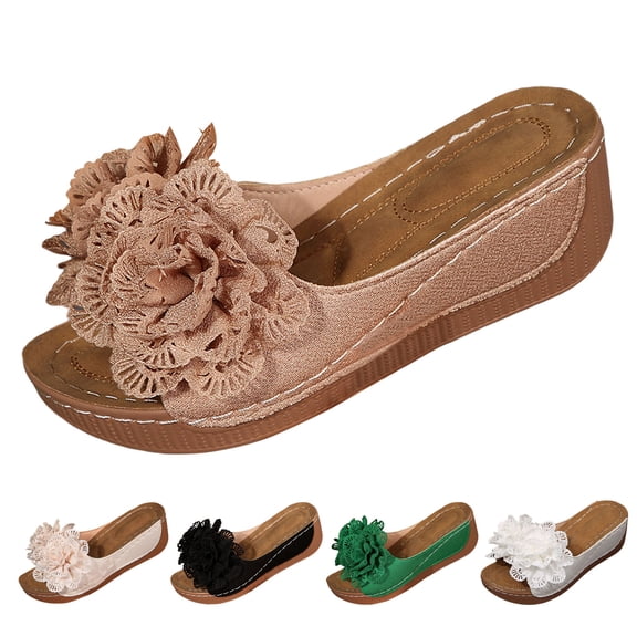 Modstep Summer Beach Sandals for Women Comfortable Open Toe Leather Wedge Slides with Arch Support Dressy Flower Platform Shoes size 6.5 Black