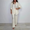 thumbnail image 4 of tasrioml Casual 2 Piece Outfit for Women Long Sleeve Button Down Shirt Wide Leg Pants Set Summer Pleated Loungewear Matching Suit, 4 of 7