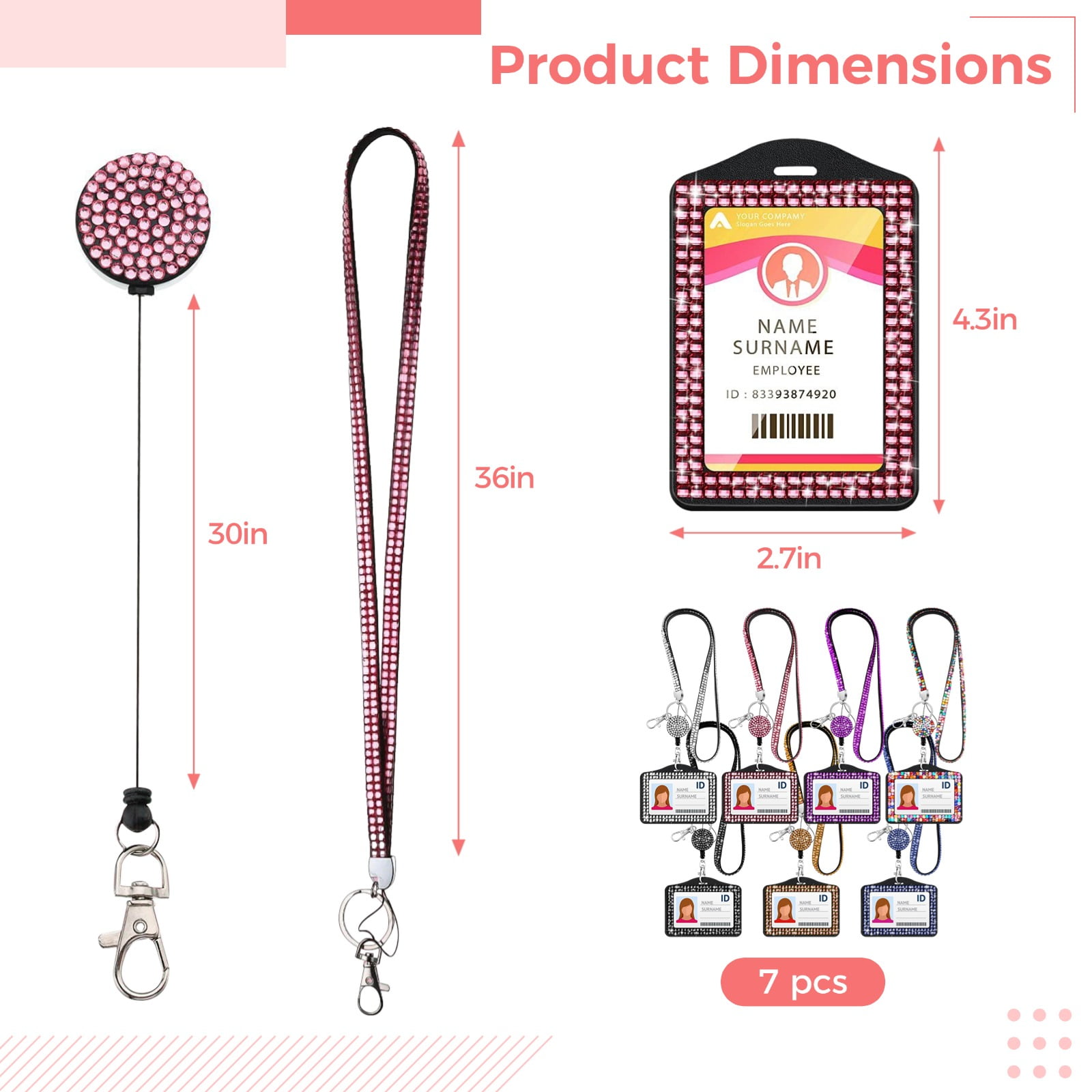 7-Color Rhinestone Lanyard Card Holder Set – Sparkling ID Badge Holder with Retractable Reel & Quick-Release Clip, Crystal-Decorated Horizontal Badge Holder for Students, Office & Nurses, Bling Work