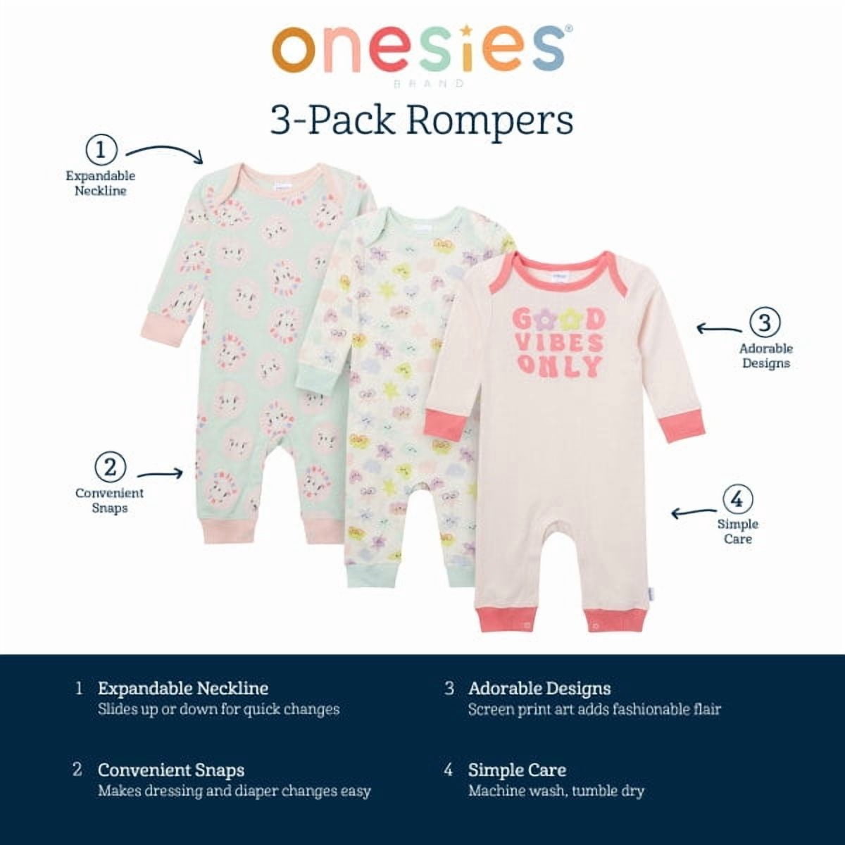 Baby Girl Onesies Brand 3-Pack Footless Pajama Set Sizes (Newborn-24 Months)