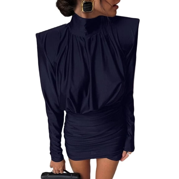 Women'S Elegant Bodycon Mini Dress with Long Sleeves and Ruched Detail for Parties Navy Blue S