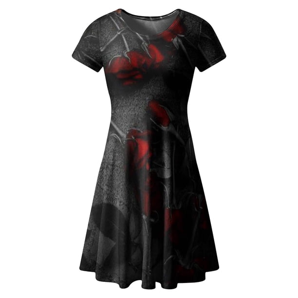 Mujeres de Halloween Sexy Casual cuello redondo vestidos de verano Midi longitud Swing verano estampado playa A-line vestido de manga corta Pompotops ghjkhdj14990