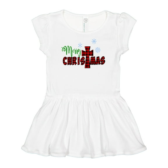 Inktastic Merry Christmas Buffalo Plaid Cross with Snowflakes Girls Baby Dress