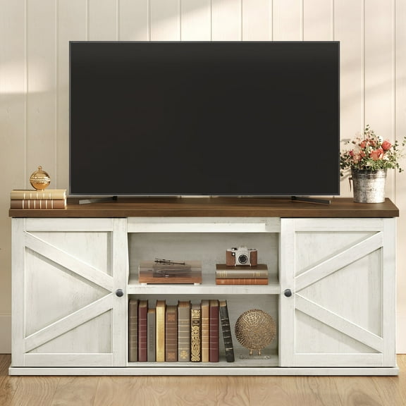 Farmhouse TV Stand for 65-Inch TVs, Entertainment Center with Sliding Barn Doors and 4 Storage Compartments, Rustic White and Brown