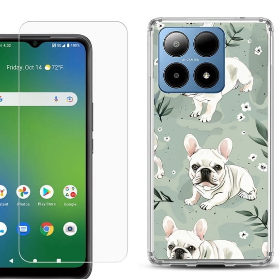 For Boost Mobile Summit 5G Shockproof Phone Case Cover with Tempered Glass Screen Protector, by OneToughShield - French Bulldog