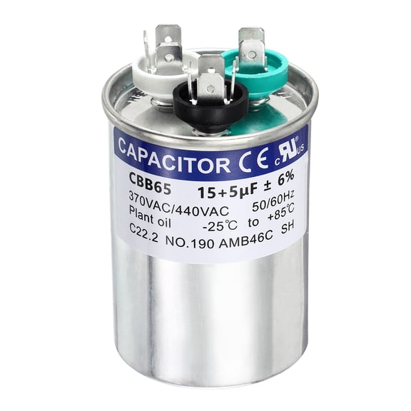 Uxcell 15 5 MFD CBB65 Run Start Capacitor 15 5 uF, 370/440V Round AC Capacitor for AC Motor Run, HVAC, Air Conditioner, Condenser Motors